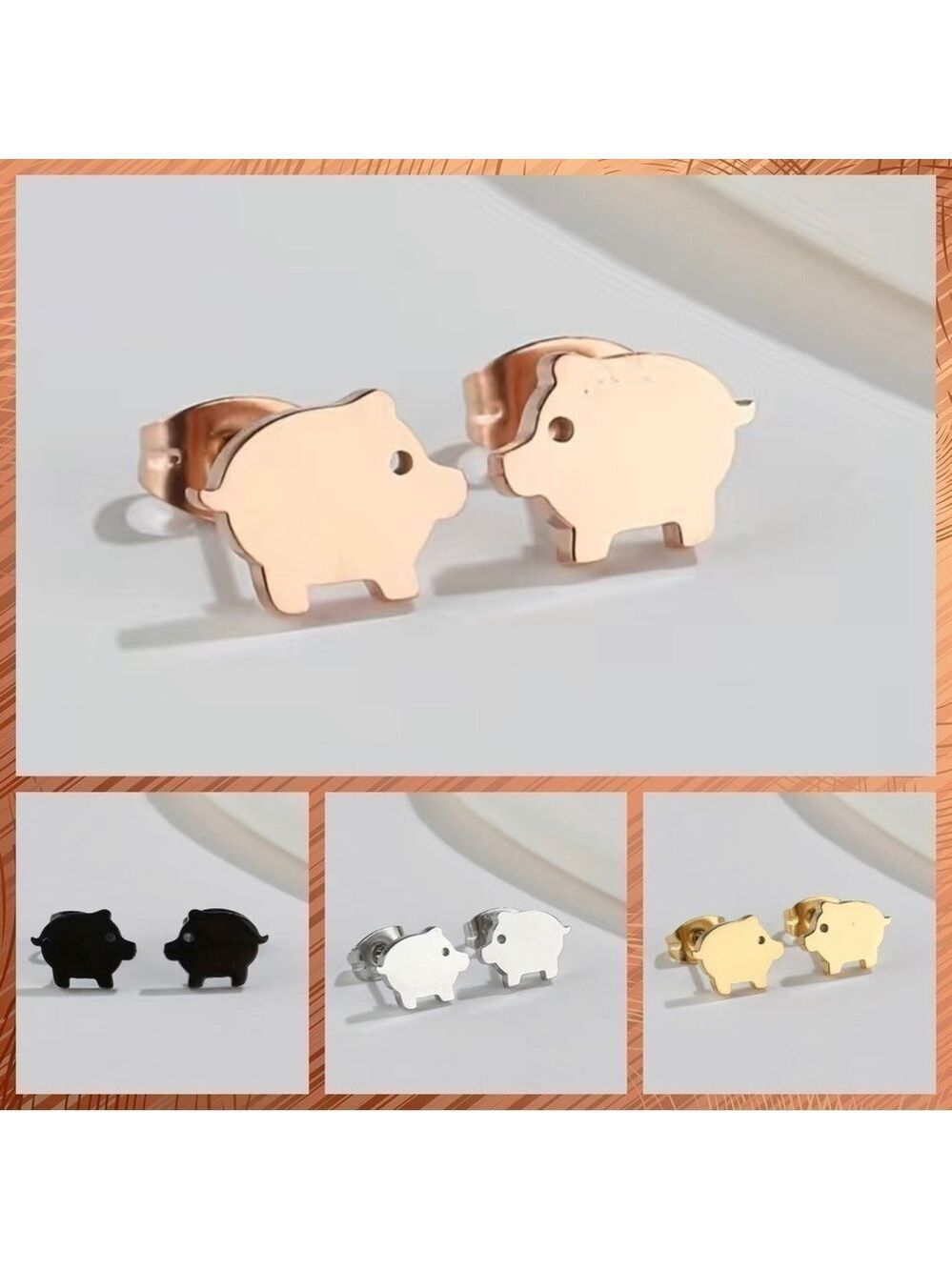 Little Pigs Stainless Steel Stud Earrings #821 (Color: Rose Gold)
